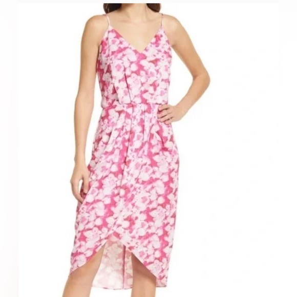 NWOT Chelsea28 Pink Floral Tulip Wrap Spaghetti Strap Midi Dress Size S - Picture 1 of 5